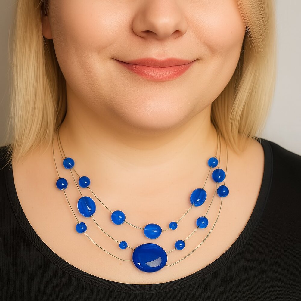 Multi-Strand Silver Blue Beads Illusion Style Necklace, Women Fashion Jewelry #1